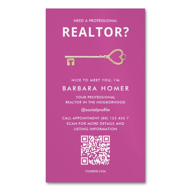 Modern Realtor Real Estate Agent Pink QR Business Card Magnet (Front Vertical)