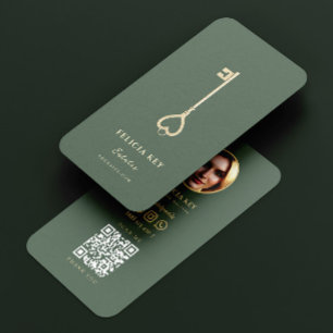 Modern Realtor Vintage Gold Key Real Estate Green Business Card
