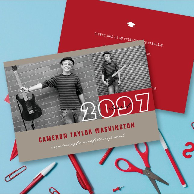 Modern Red 2 Photo Blocks Simple Graduation Party Invitation (Modern Red 2 Photo Blocks Simple Graduation Announcement & Party Invitation @ fatfatin)