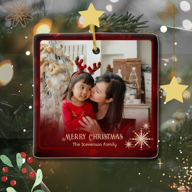 Modern Red 2 Photos Family  Christmas  Ceramic Ornament (Modern Red 2 Photos Family Christmas Ceramic Ornament)
