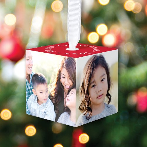 Modern Red 4 Photo Snowflake Christmas Cube Ornament