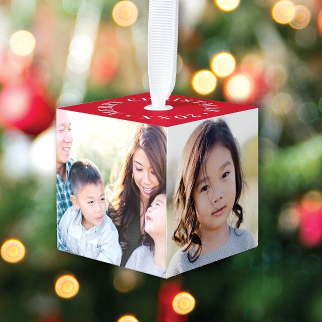 Modern Red 4 Photo Snowflake Christmas Cube Ornament (Creator Uploaded)