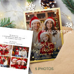 Modern red 5 photo collage Merry Christmas Foil Holiday Card<br><div class="desc">Simple minimal stylish five custom family photos "Merry Christmas and A Happy New Year" (changeable) typography script text overlay Christmas holiday card template with a real gold foil frame and snowflakes. Easy to personalize with your pictures, text, name signature, and wishes on both sides! Please note that the foil color...</div>