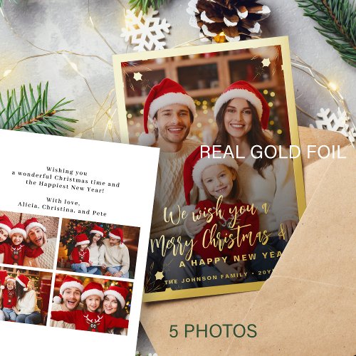 Modern red 5 photo collage Merry Christmas Foil Holiday Card