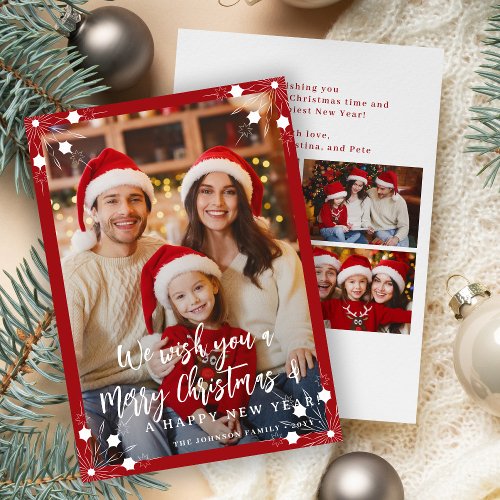 Modern red 5 photo collage Merry Christmas Holiday Card