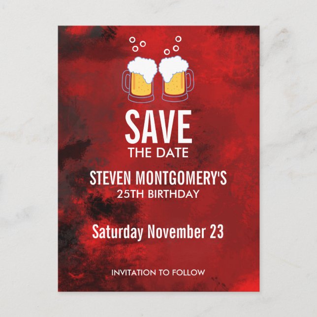 Modern Red Abstract Birthday Save The Date Postcard (Front)