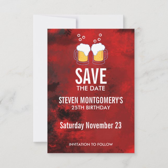 Modern Red Abstract with Beer Steins Birthday Save The Date (Front)