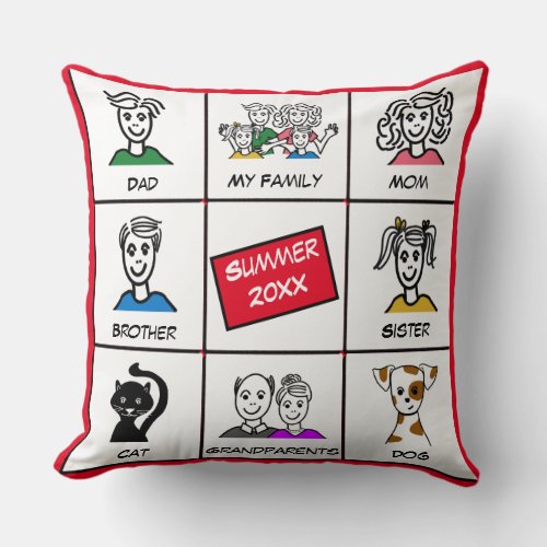 Modern Red Add Your Family Photos Comic Throw Pillow