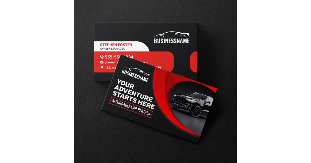 Modern Red Affordable Car Rental Car Hire Auto Business Card