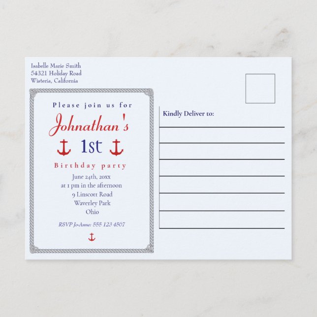 Modern Red Anchor Blue Boats  Nautical Birthday Postcard (Back)