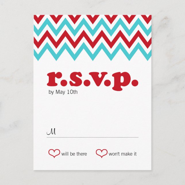 Modern Red and Aqua Chevron & Lovebirds RSVP Invitation Postcard (Front)