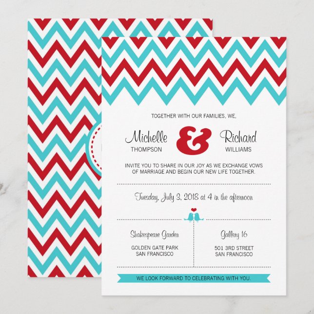 Modern Red and Aqua Chevron & Lovebirds Wedding Invitation (Front/Back)