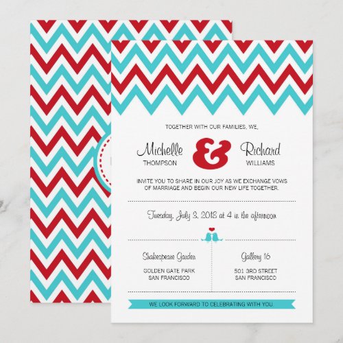 Modern Chevron (Red &amp; Aqua) Wedding Custom Invitations