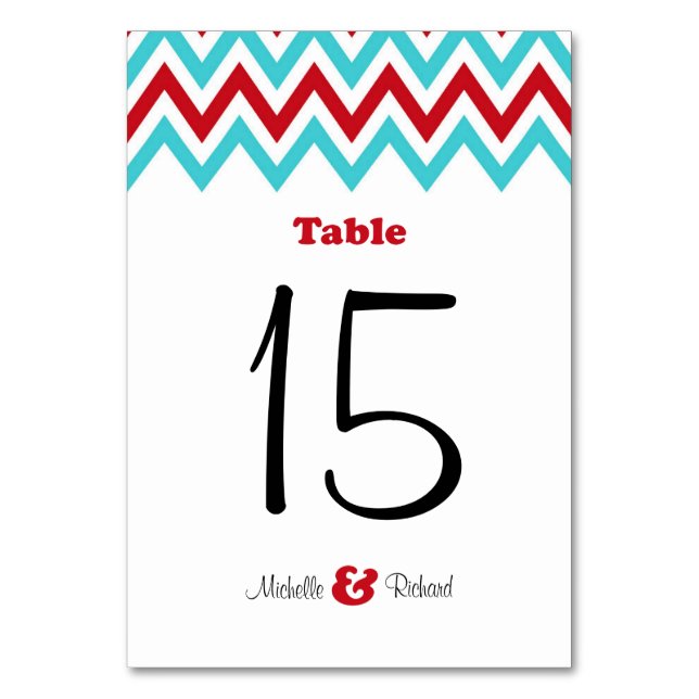 Modern Red and Aqua Chevron & Lovebirds Wedding Table Number (Front)