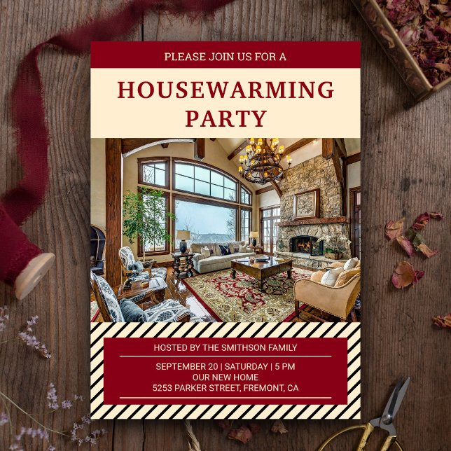 Modern Red and Beige Housewarming Party Photo Invitation (Creator Uploaded)