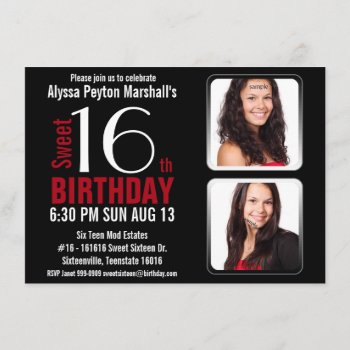 Modern Red And Black 2 Photos Sweet 16 Party Invitation by PartyHearty at Zazzle