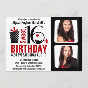 Modern Red and Black 2 Photos Sweet 16 Party Invitation