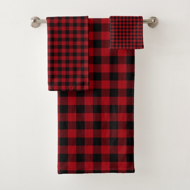 Modern Red And Black Buffalo Checks Bath Towel Set (Insitu)