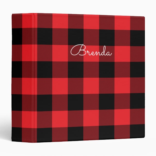Modern Red and Black Buffalo Plaid Check 3 Ring Binder (Front/Spine)