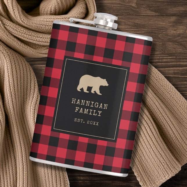 Modern Red and Black Buffalo Plaid Family Name Flask (Creator Uploaded)