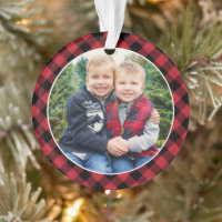 Modern Red and Black Buffalo Plaid Photo Ornament