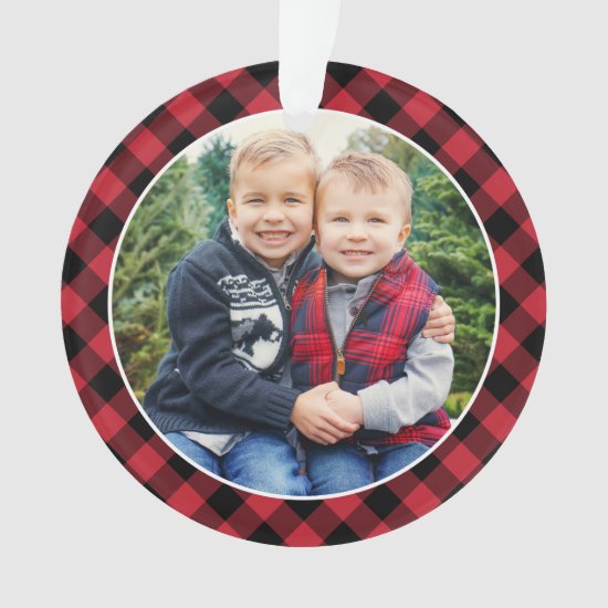 Modern Red and Black Buffalo Plaid Photo Ornament
