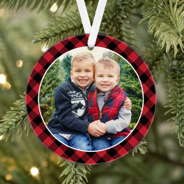Modern Red and Black Buffalo Plaid Photo Ornament