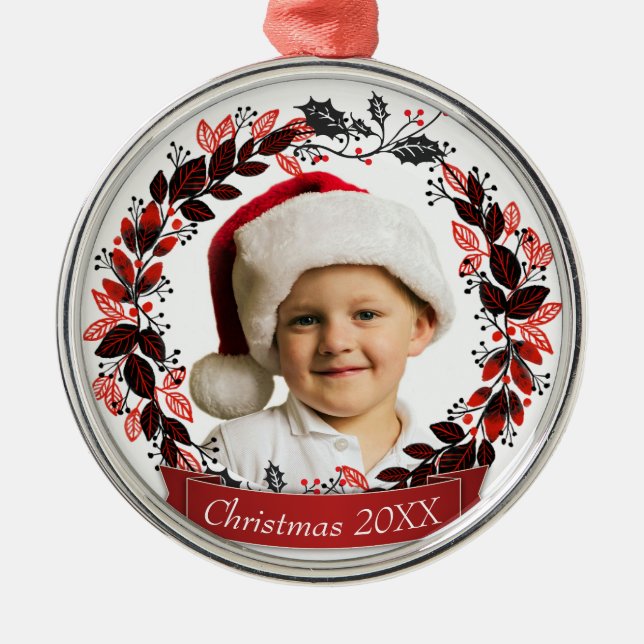 Modern Red and Black Christmas Wreath Photo Metal Ornament (Front)