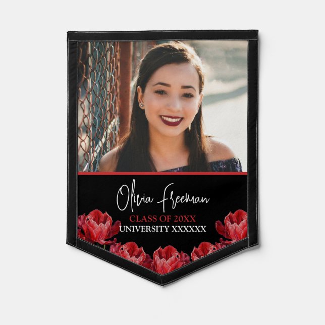 Modern Red and Black Floral Girl Photo Graduation Pennant (Front)