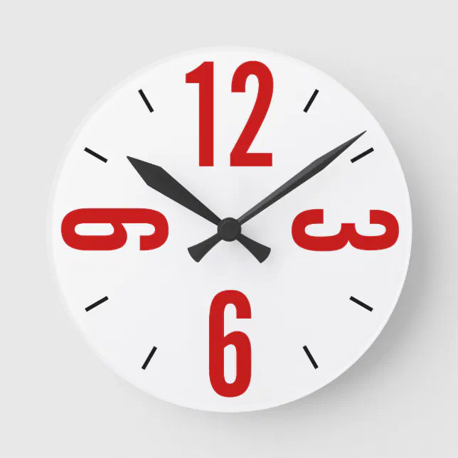 Modern red and black large numbers round clock | Zazzle