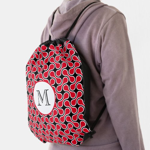Modern Red and Black Monogram Geometric Pattern Drawstring Bag