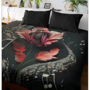 Modern Red and Black Musical Flower Notes Duvet Cover