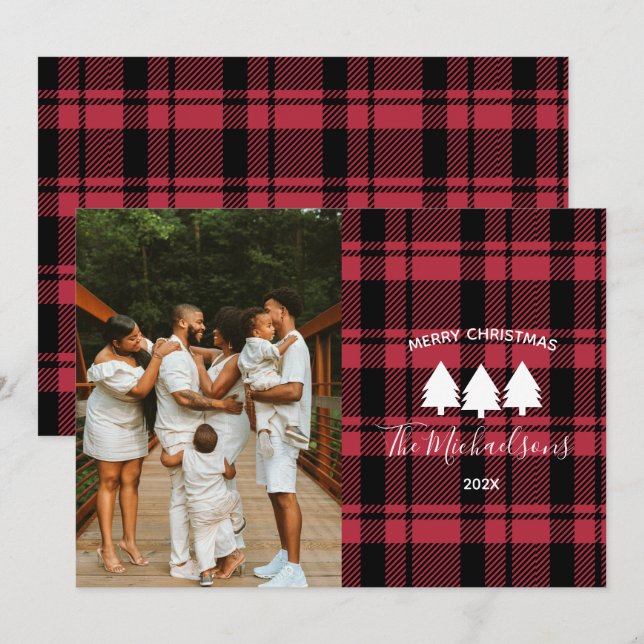 Modern Red and Black Plaid Photo Holiday Card (Front/Back)