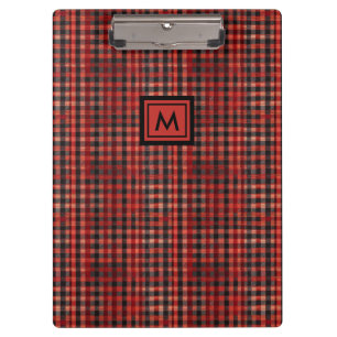Modern Red And Black Plaid Tartan Pattern Monogram Clipboard
