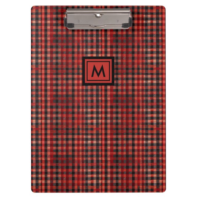 Modern Red And Black Plaid Tartan Pattern Monogram Clipboard (Front)