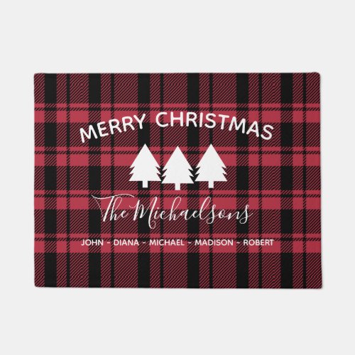 Modern Red and Black Plaid with Monogram Name  Doormat