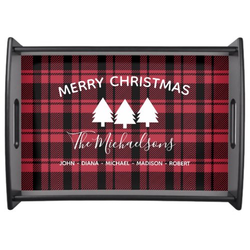 Modern Red and Black Plaid with Monogram Name Serving Tray