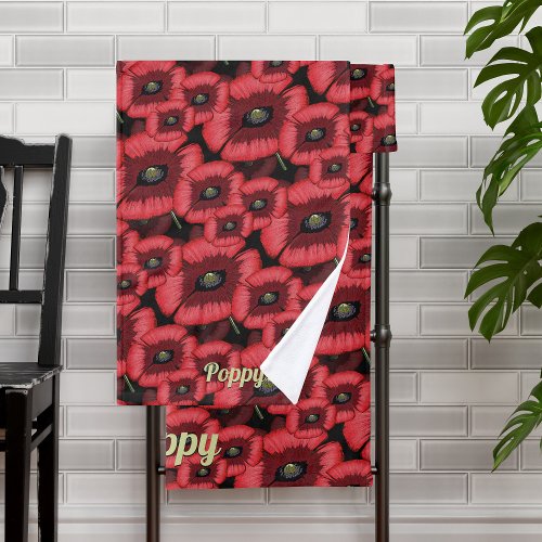 Modern Red and Black Poppies Floral Pattern Name Bath Towel Set