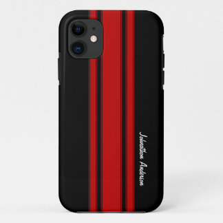 Modern Red And Black Racing Stripes With Name iPhone 11 Case