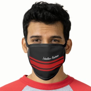 Modern Red And Black Racing Stripes With Name Face Mask by PhotographyTKDesigns at Zazzle