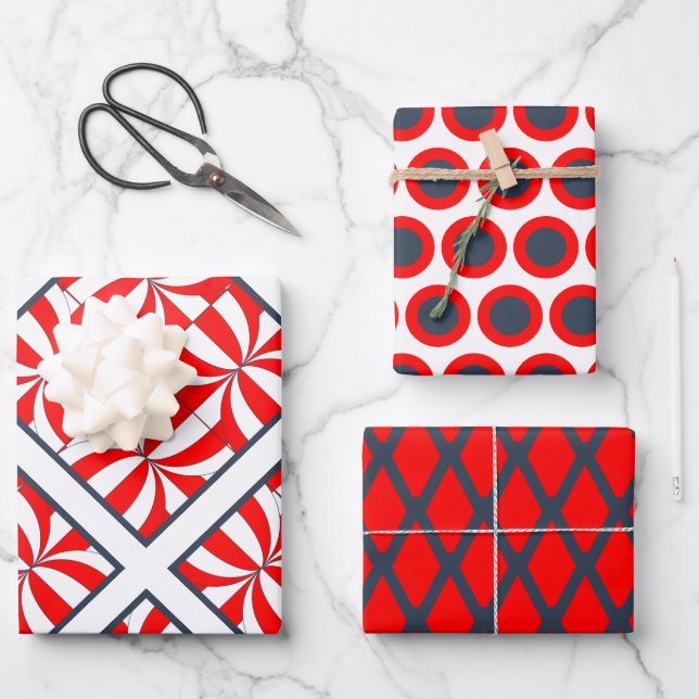 Modern Red and Blue Geometric Pattern Wrapping Paper Sheets (Front)