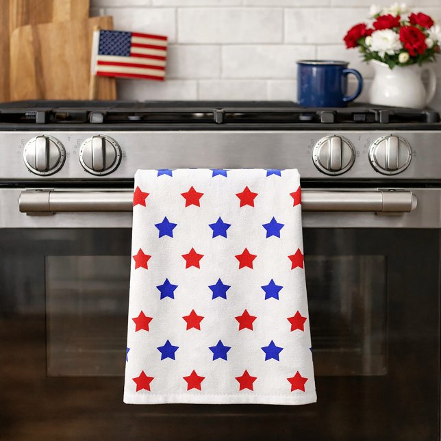Modern Red and Blue Star Pattern Kitchen Towel (A kitchen towel with red & blue star pattern on a white background.)