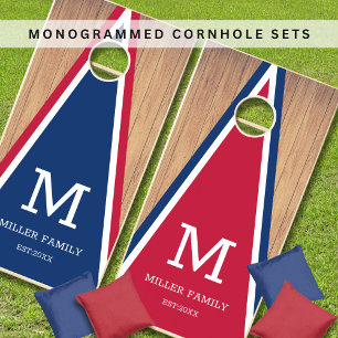 Modern Red And Blue Triangle Monogram Rustic Wood Cornhole Set