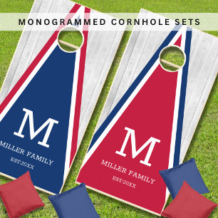 Modern Red And Blue Triangle Monogram White Wood Cornhole Set