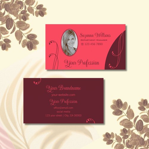 Modern Red and Burgundy Ornate with Portrait Photo Business Card