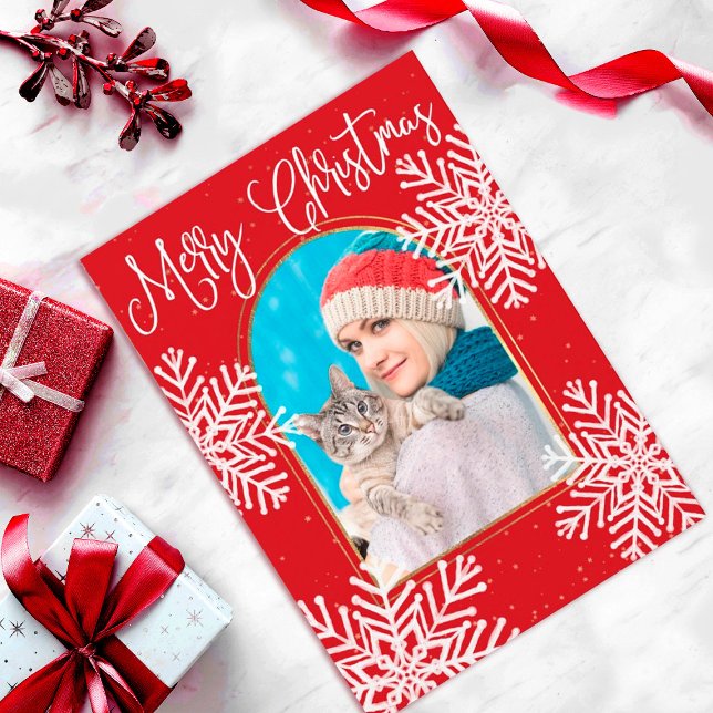 Modern Red and Gold Arch Christmas Snowflake Photo Card (Creator Uploaded)