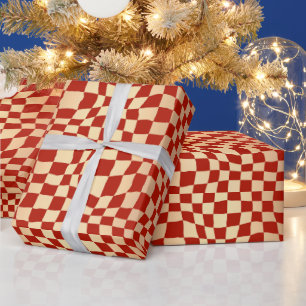 Modern Red and Gold Checker Pattern Christmas Wrapping Paper