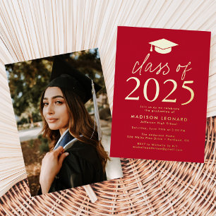 Modern Red and Gold Class of 2025 Graduation Party Foil Invitation