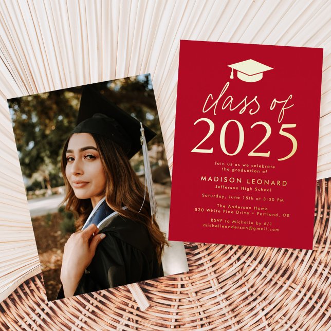 Modern Red and Gold Class of 2025 Graduation Party Foil Invitation (Creator Uploaded)