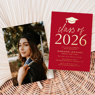 Modern Red and Gold Class of 2026 Graduation Party Foil Invitation